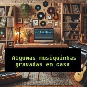 estudio musical caseiro, feito de um computador, um violão e um teclado